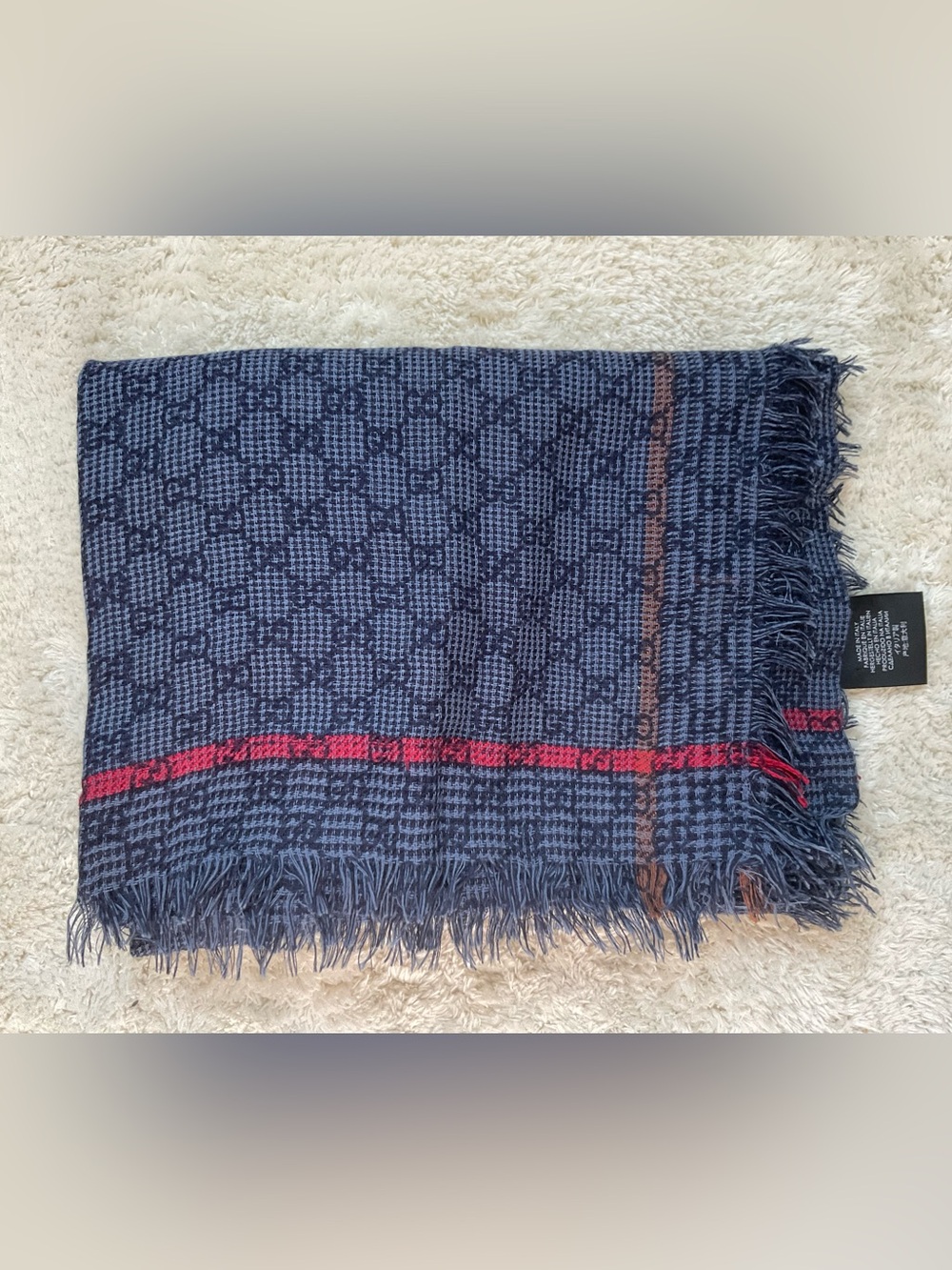 Gucci Navy Patterned Fringe Scarf with Red Stripe